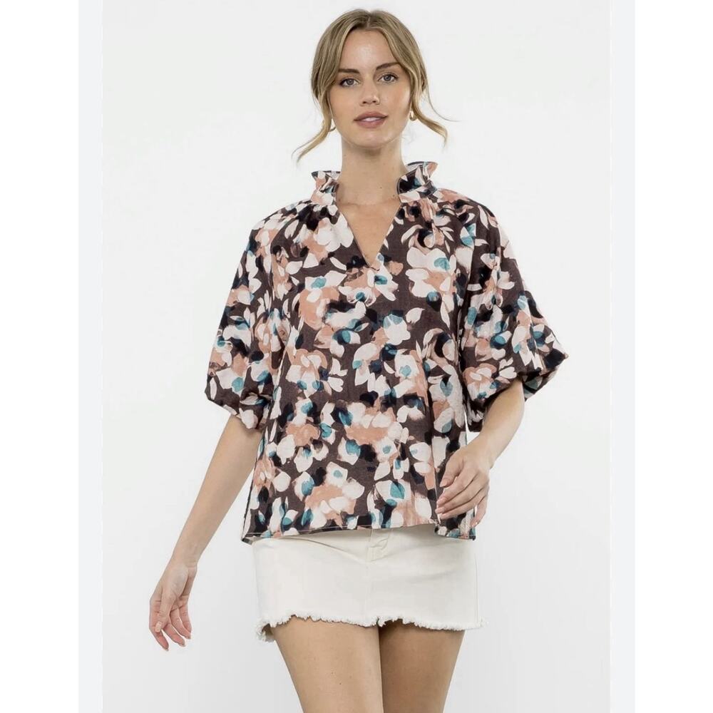 THML Floral Abstract Blouse Top Size XS Puff Sleeve Brown